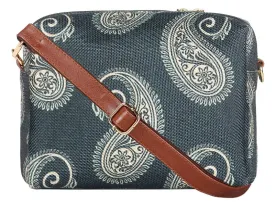 THE CLOWNFISH Isla Printed Handicraft Fabric Crossbody Sling bag for Women Casual Party Bag Purse with Adjustable Shoulder Strap for Ladies College Girls (Light Green-Geometric Design)