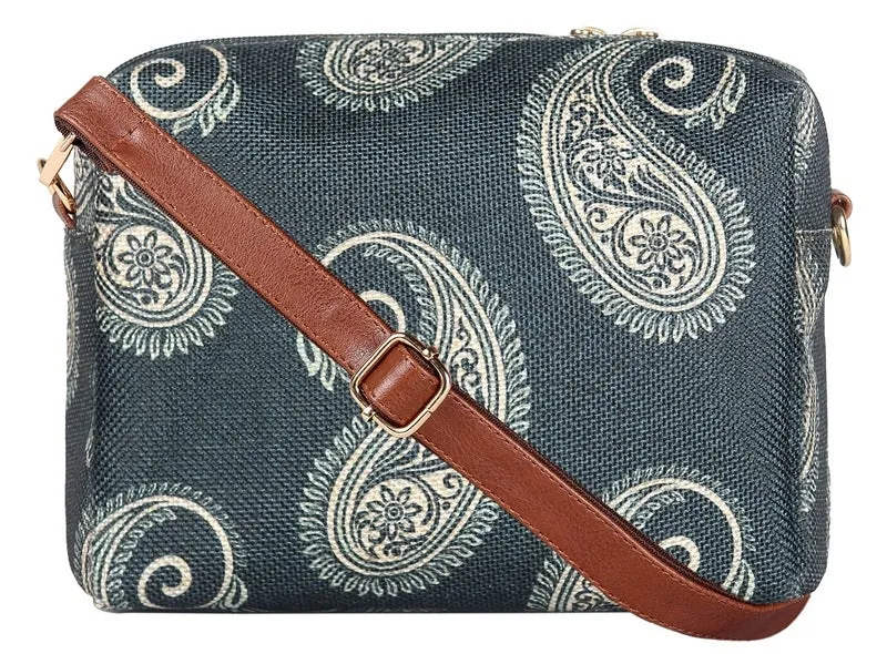 THE CLOWNFISH Isla Printed Handicraft Fabric Crossbody Sling bag for Women Casual Party Bag Purse with Adjustable Shoulder Strap for Ladies College Girls (Light Green-Geometric Design)